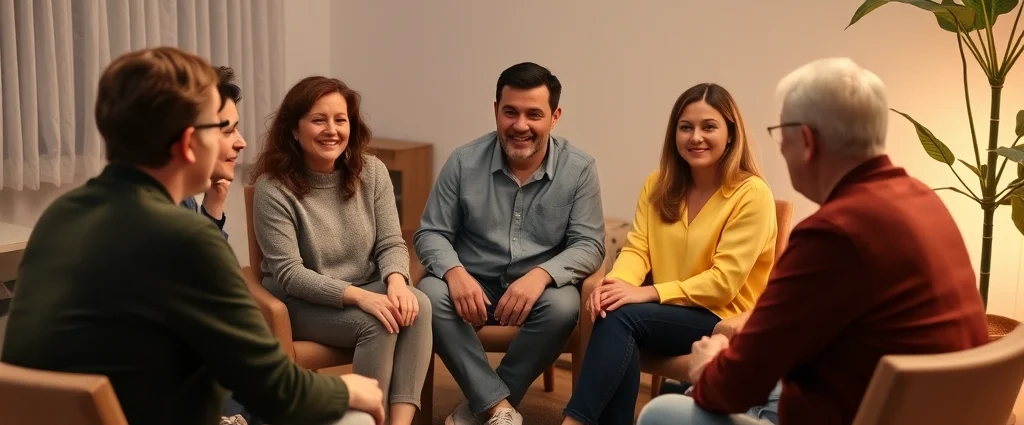 Diverse group of adults sitting in supportive circle during therapy session, warm lighting, genuine engaged expressions, professional therapeutic environment, no text visible