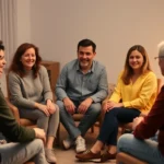 Diverse group of adults sitting in supportive circle during therapy session, warm lighting, genuine engaged expressions, professional therapeutic environment, no text visible