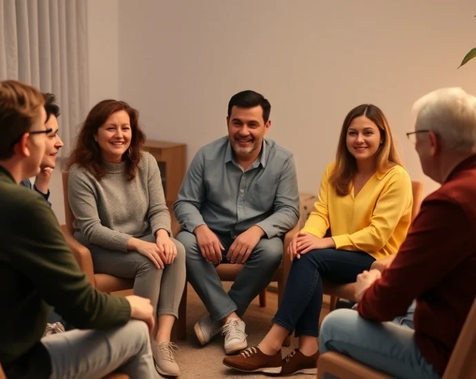 Diverse group of adults sitting in supportive circle during therapy session, warm lighting, genuine engaged expressions, professional therapeutic environment, no text visible