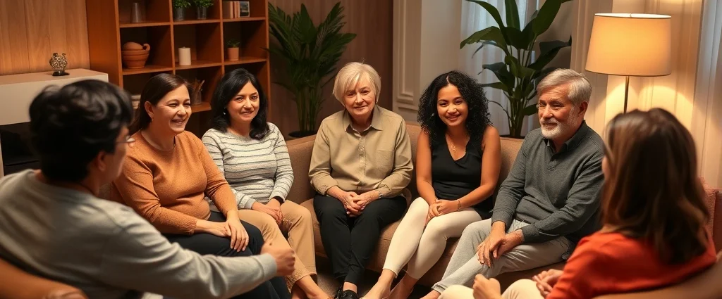 Diverse group of adults sitting in a circle during therapy session, warm lighting, professional therapeutic environment, people of different ethnicities showing engaged expressions, comfortable seating arrangement