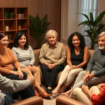 Diverse group of adults sitting in a circle during therapy session, warm lighting, professional therapeutic environment, people of different ethnicities showing engaged expressions, comfortable seating arrangement