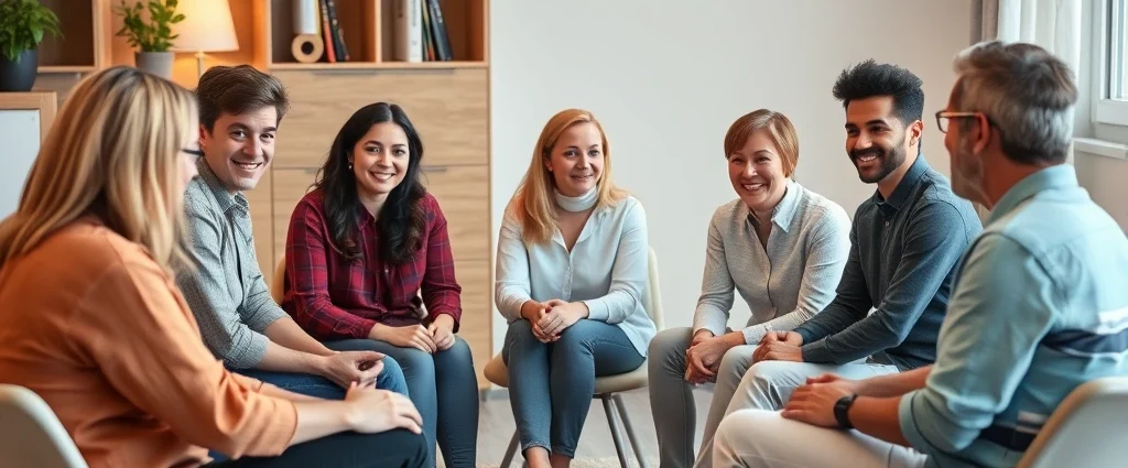 Diverse group of people sitting in circle during therapy session, warm lighting, supportive expressions, professional therapeutic environment, no text visible