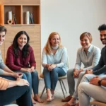 Diverse group of people sitting in circle during therapy session, warm lighting, supportive expressions, professional therapeutic environment, no text visible