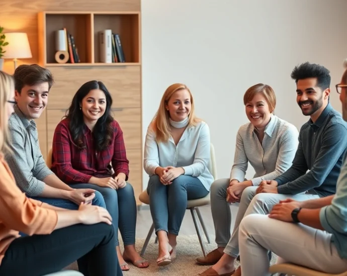 Diverse group of people sitting in circle during therapy session, warm lighting, supportive expressions, professional therapeutic environment, no text visible