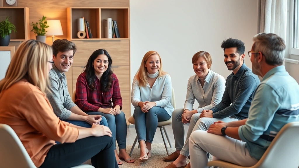 Diverse group of people sitting in circle during therapy session, warm lighting, supportive expressions, professional therapeutic environment, no text visible