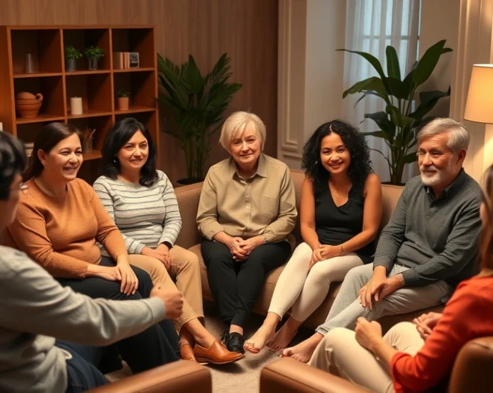 Diverse group of adults sitting in a circle during therapy session, warm lighting, professional therapeutic environment, people of different ethnicities showing engaged expressions, comfortable seating arrangement