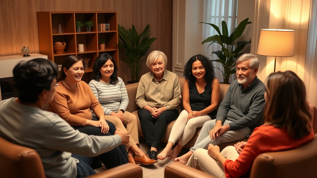 Diverse group of adults sitting in a circle during therapy session, warm lighting, professional therapeutic environment, people of different ethnicities showing engaged expressions, comfortable seating arrangement
