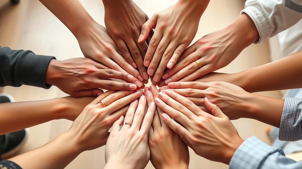 Close-up of diverse hands joined together in circle showing unity and support, warm natural lighting, emotional connection, therapeutic setting, no text