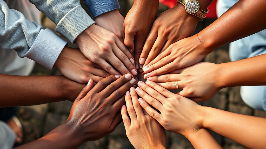 Close-up of hands joining together in circle showing unity and support, diverse skin tones, natural lighting, symbolic of group connection and healing