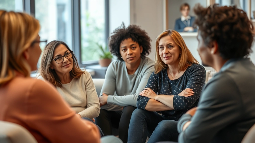 Group therapy participants in discussion, various ages and backgrounds, listening intently with empathetic expressions, comfortable indoor setting, professional atmosphere, no visible text or labels