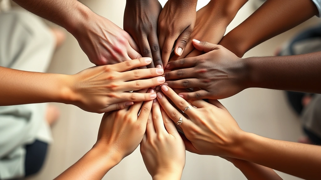 Close-up of hands joined together in circle, symbolizing unity and support, diverse skin tones visible, soft natural lighting, therapeutic wellness environment, showing connection and solidarity