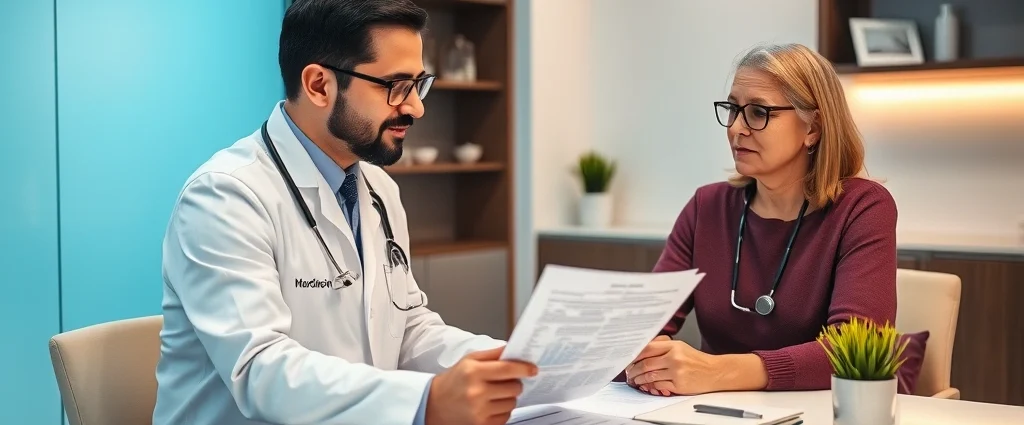 Professional healthcare provider consultation with patient reviewing hormone replacement therapy treatment plan and cost documents at modern medical clinic desk with warm lighting