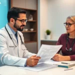 Professional healthcare provider consultation with patient reviewing hormone replacement therapy treatment plan and cost documents at modern medical clinic desk with warm lighting