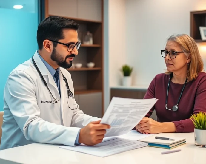 Professional healthcare provider consultation with patient reviewing hormone replacement therapy treatment plan and cost documents at modern medical clinic desk with warm lighting