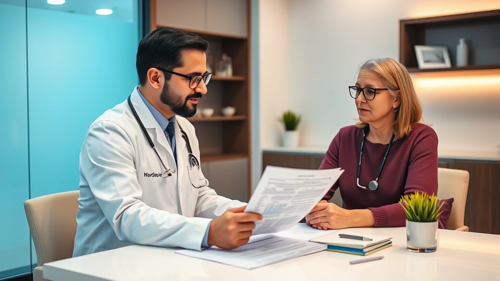Professional healthcare provider consultation with patient reviewing hormone replacement therapy treatment plan and cost documents at modern medical clinic desk with warm lighting