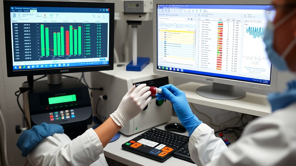 Laboratory technician performing blood hormone level testing and analysis with medical equipment and monitors displaying hormone panel results in clinical setting