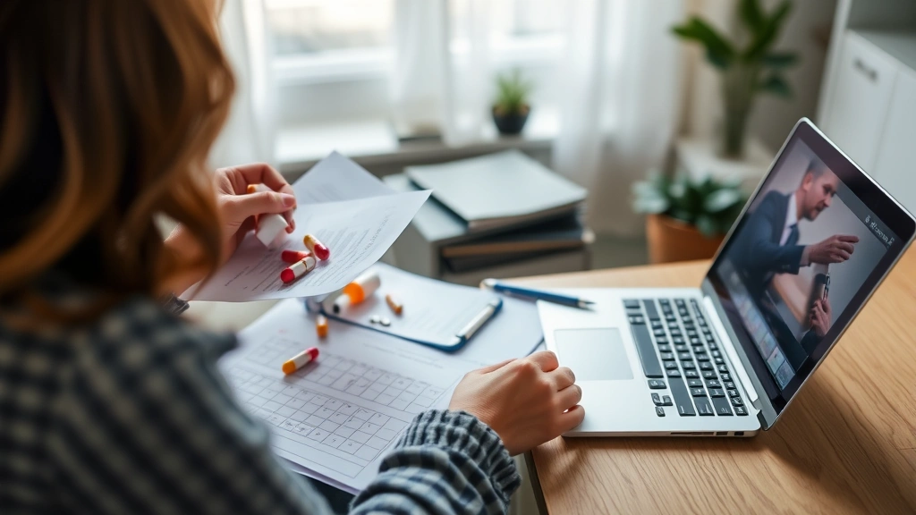 Woman reviewing prescription medications and healthcare bills at home, organizing medical documents and insurance paperwork with calculator and laptop for cost planning