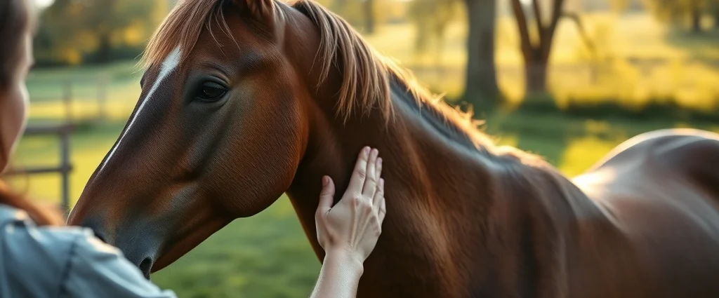 Serene outdoor equine therapy session with a person gently massaging a calm horse's neck in natural daylight, peaceful pastoral background with green fields and soft sunlight filtering through trees, showing therapeutic connection and relaxation