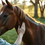 Serene outdoor equine therapy session with a person gently massaging a calm horse's neck in natural daylight, peaceful pastoral background with green fields and soft sunlight filtering through trees, showing therapeutic connection and relaxation
