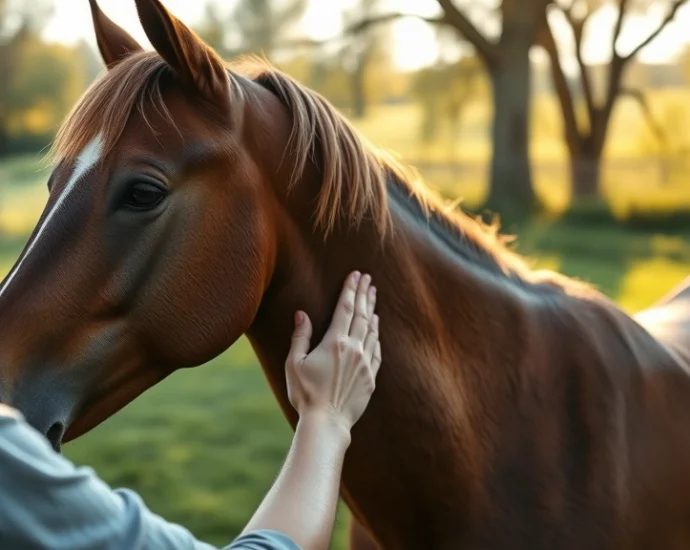 Serene outdoor equine therapy session with a person gently massaging a calm horse's neck in natural daylight, peaceful pastoral background with green fields and soft sunlight filtering through trees, showing therapeutic connection and relaxation