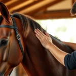 Professional equine massage therapist working on horse's neck and shoulder muscles with strong hands and focused technique, natural barn lighting, horse visibly relaxed