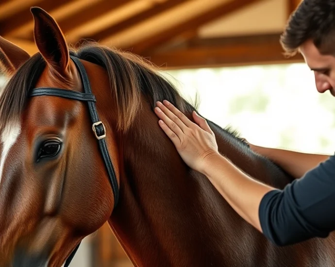 Professional equine massage therapist working on horse's neck and shoulder muscles with strong hands and focused technique, natural barn lighting, horse visibly relaxed