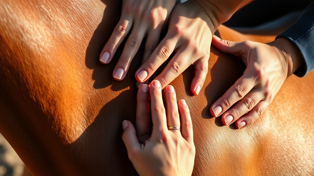 Close-up of hands performing therapeutic massage on a horse's shoulder, demonstrating proper technique with professional care, warm natural lighting highlighting the texture and warmth of the horse's coat, conveying healing and mindfulness