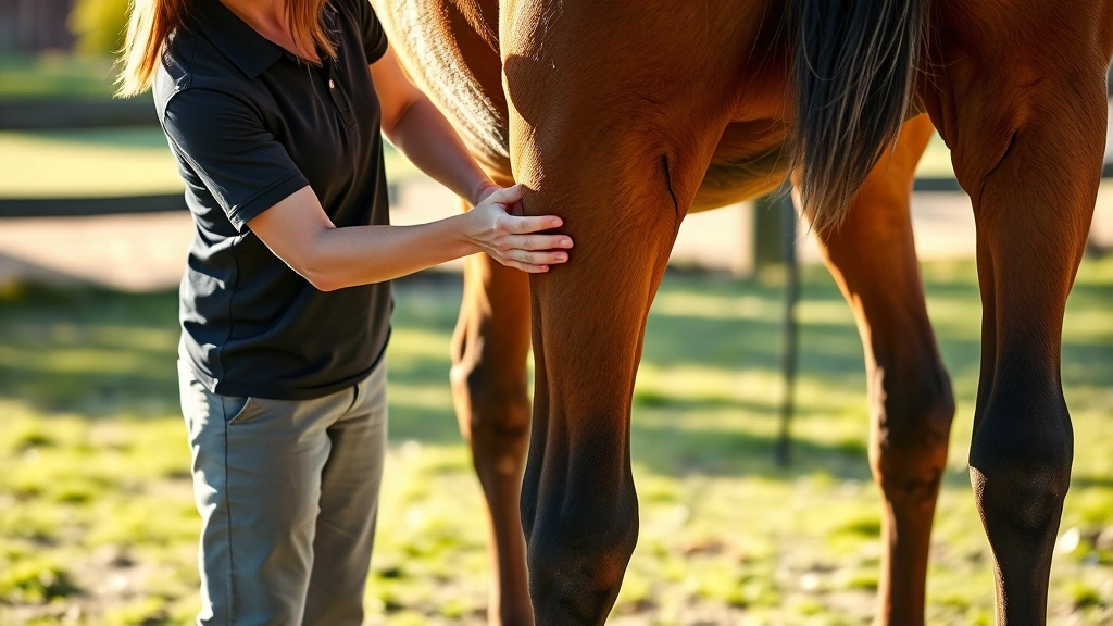 Experienced massage practitioner performing myofascial release on horse's leg, demonstrating professional technique, horse standing calmly, morning sunlight