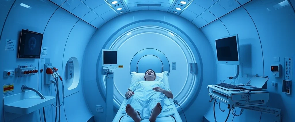 Hyperbaric oxygen therapy chamber interior with patient in pressurized medical chamber, clinical setting, modern medical facility, realistic detailed photography