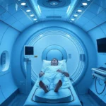 Hyperbaric oxygen therapy chamber interior with patient in pressurized medical chamber, clinical setting, modern medical facility, realistic detailed photography