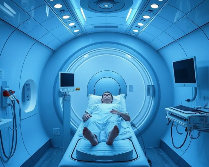 Hyperbaric oxygen therapy chamber interior with patient in pressurized medical chamber, clinical setting, modern medical facility, realistic detailed photography