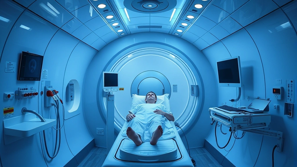 Hyperbaric oxygen therapy chamber interior with patient in pressurized medical chamber, clinical setting, modern medical facility, realistic detailed photography