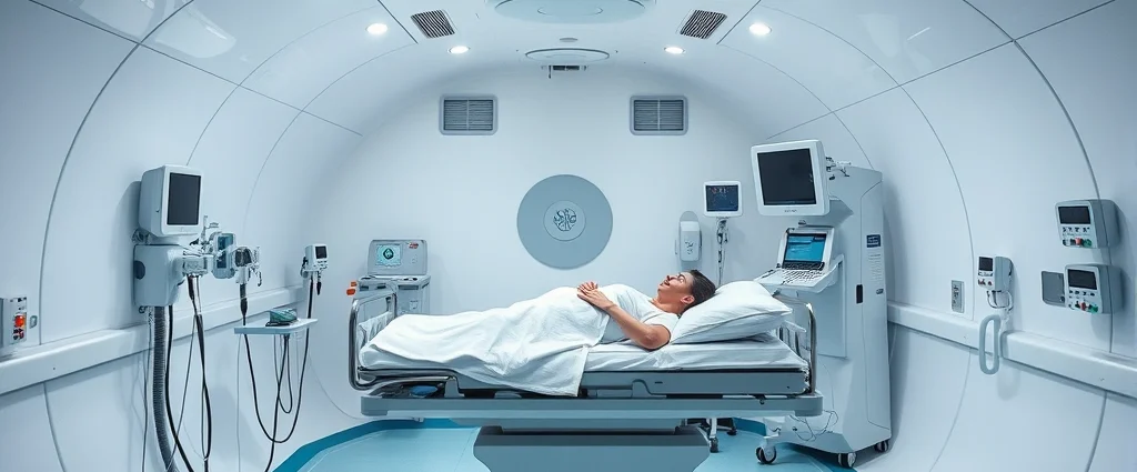 Pressurized hyperbaric oxygen chamber interior with patient lying on treatment bed, medical monitoring equipment visible, clinical hospital setting, photorealistic, professional medical environment