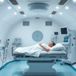 Pressurized hyperbaric oxygen chamber interior with patient lying on treatment bed, medical monitoring equipment visible, clinical hospital setting, photorealistic, professional medical environment