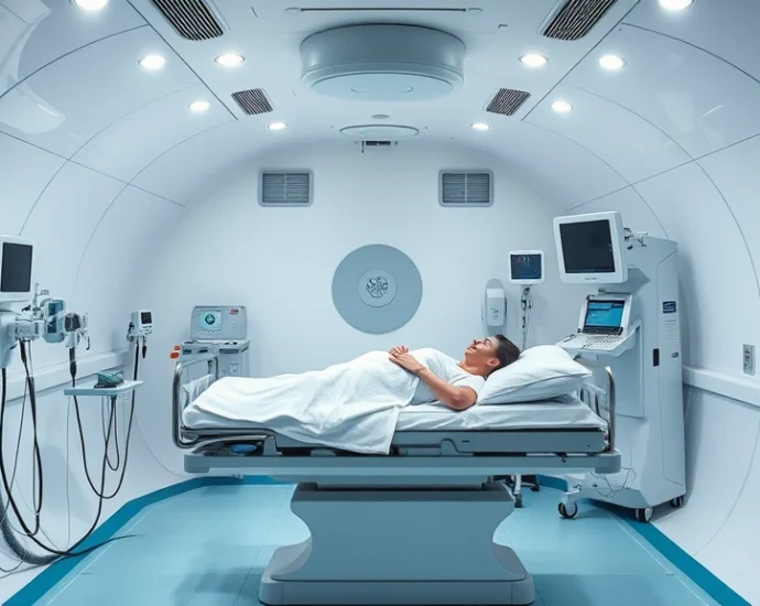 Pressurized hyperbaric oxygen chamber interior with patient lying on treatment bed, medical monitoring equipment visible, clinical hospital setting, photorealistic, professional medical environment