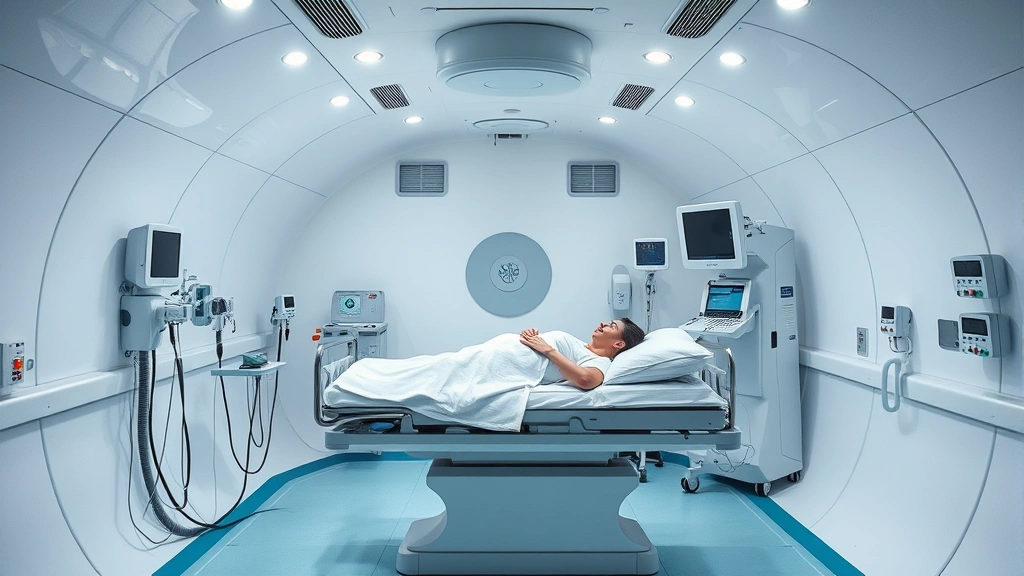 Pressurized hyperbaric oxygen chamber interior with patient lying on treatment bed, medical monitoring equipment visible, clinical hospital setting, photorealistic, professional medical environment