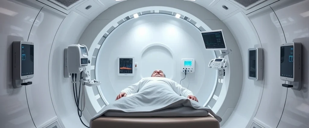 Professional hyperbaric oxygen chamber interior with patient lying inside, modern medical facility, bright clinical lighting, advanced monitoring equipment visible, realistic medical setting