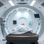 Professional hyperbaric oxygen chamber interior with patient lying inside, modern medical facility, bright clinical lighting, advanced monitoring equipment visible, realistic medical setting