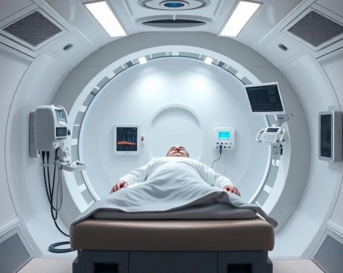 Professional hyperbaric oxygen chamber interior with patient lying inside, modern medical facility, bright clinical lighting, advanced monitoring equipment visible, realistic medical setting