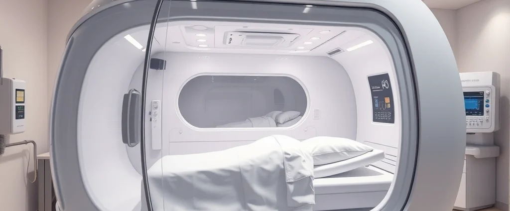 Photorealistic image of a modern hyperbaric oxygen chamber with transparent acrylic design showing the interior white chamber, medical control panel visible in background, clinical healthcare setting with soft lighting, patient comfort focus