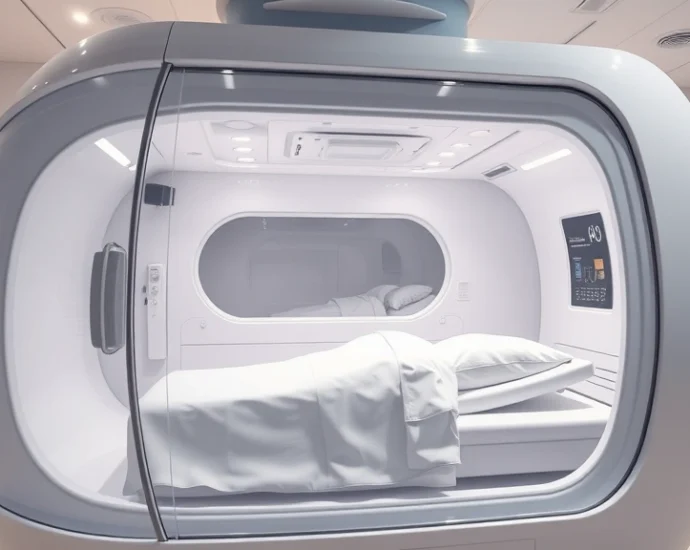 Photorealistic image of a modern hyperbaric oxygen chamber with transparent acrylic design showing the interior white chamber, medical control panel visible in background, clinical healthcare setting with soft lighting, patient comfort focus
