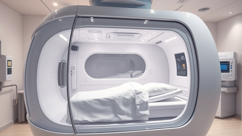 Photorealistic image of a modern hyperbaric oxygen chamber with transparent acrylic design showing the interior white chamber, medical control panel visible in background, clinical healthcare setting with soft lighting, patient comfort focus