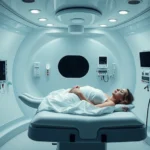 Modern hyperbaric chamber interior with patient resting on bed, pressurized medical equipment visible, calm clinical environment with soft lighting, oxygen delivery systems, no text or screens