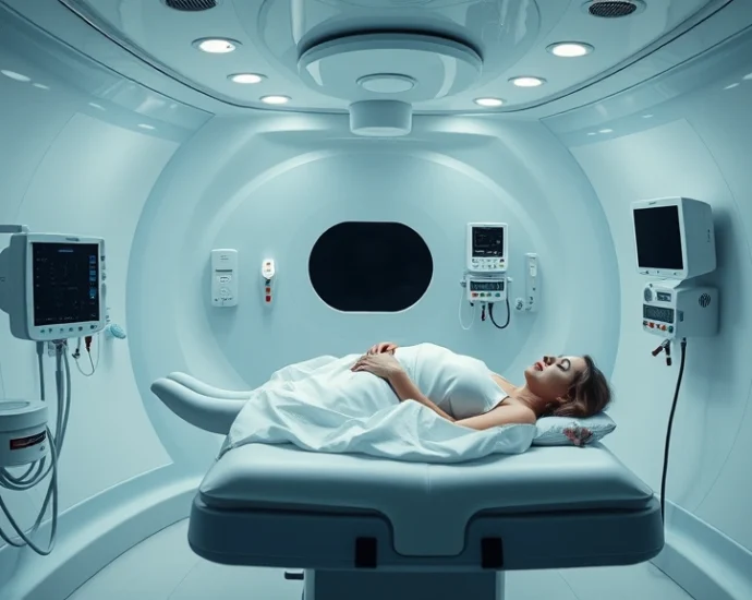 Modern hyperbaric chamber interior with patient resting on bed, pressurized medical equipment visible, calm clinical environment with soft lighting, oxygen delivery systems, no text or screens