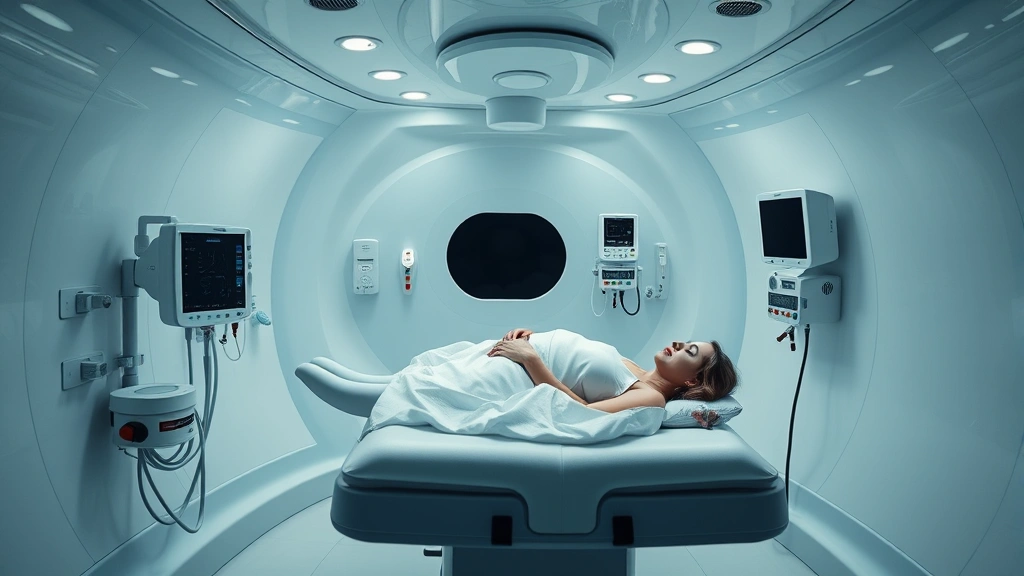 Modern hyperbaric chamber interior with patient resting on bed, pressurized medical equipment visible, calm clinical environment with soft lighting, oxygen delivery systems, no text or screens