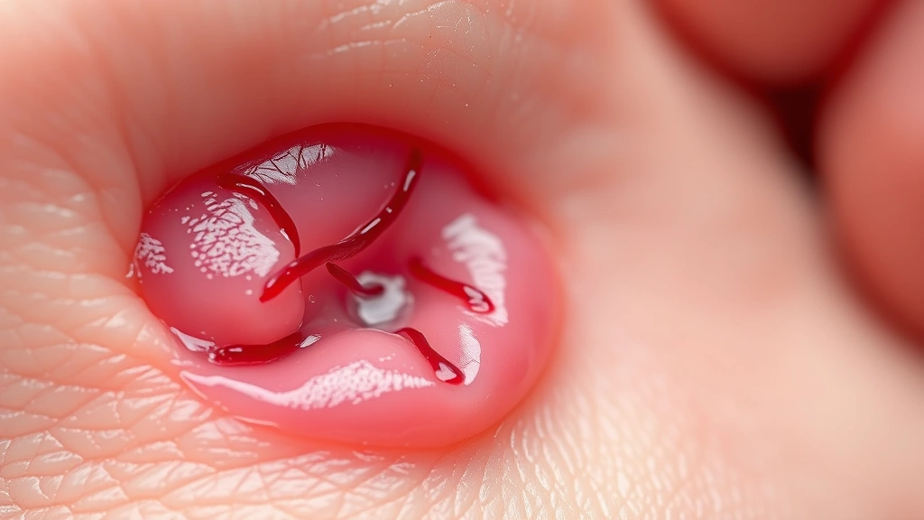 Close-up of healing diabetic foot ulcer showing tissue granulation and new blood vessel formation, medical photography style, realistic wound healing progression, clinical documentation quality