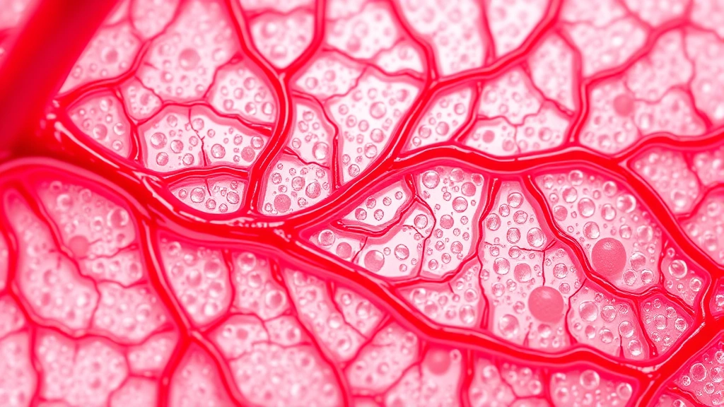 Close-up of healthy tissue with visible blood vessel network and cellular regeneration, microscopic biological illustration style, oxygen molecules flowing through tissue, vibrant reds and pinks showing oxygenation