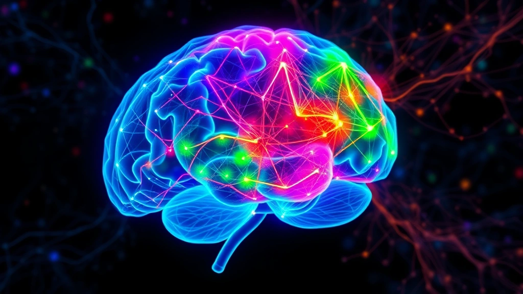 Brain imaging visualization showing increased neural connectivity and blood vessel networks, abstract representation of neuroplasticity and improved cerebral perfusion, vibrant colors indicating active regions, scientific illustration style, no labels