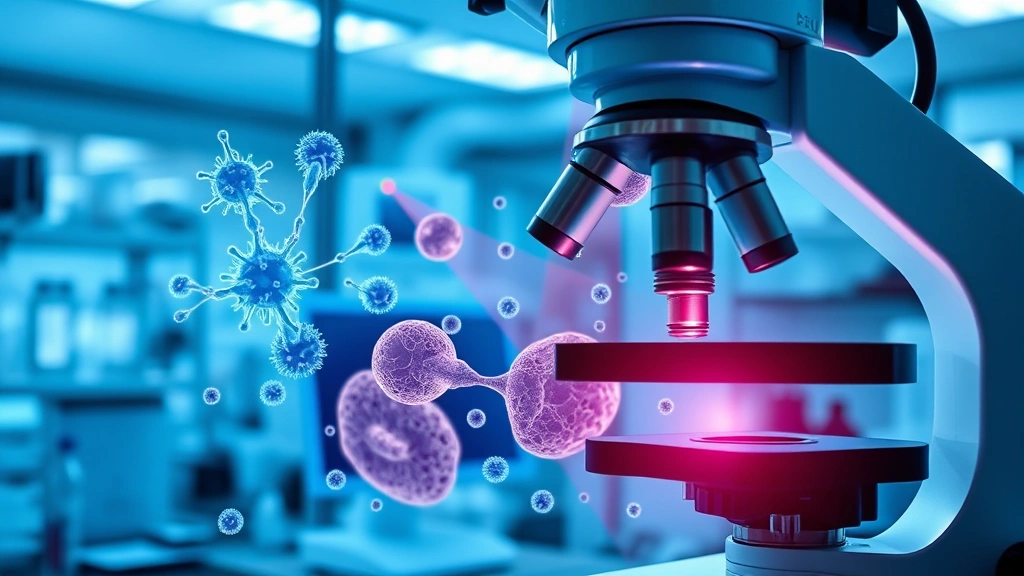 Advanced medical laboratory showing cellular tissue samples under microscope, oxygen molecules and vascular networks, scientific research environment with blue and white lighting, realistic laboratory equipment