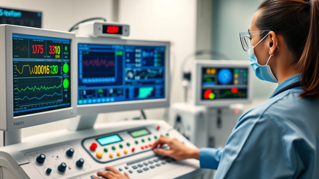 Healthcare professional monitoring HBOT patient vitals and oxygen levels on advanced medical console with digital displays, clinical hospital environment